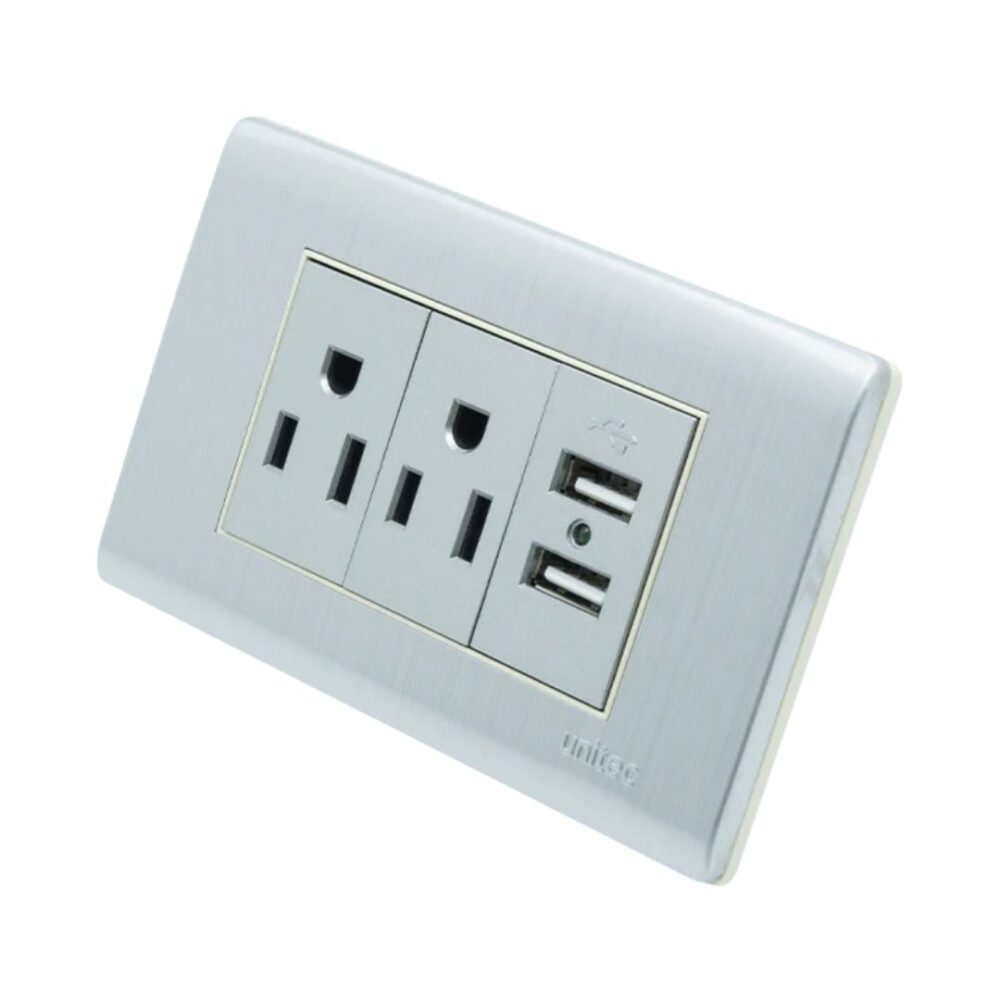 Tomacorriente Doble + 2 Usb Metalica Con Polo A Tierra - Image 4