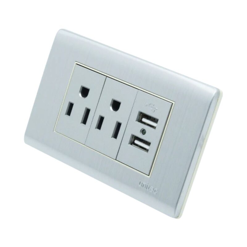 Tomacorriente Doble + 2 Usb Metalica Con Polo A Tierra - Image 4
