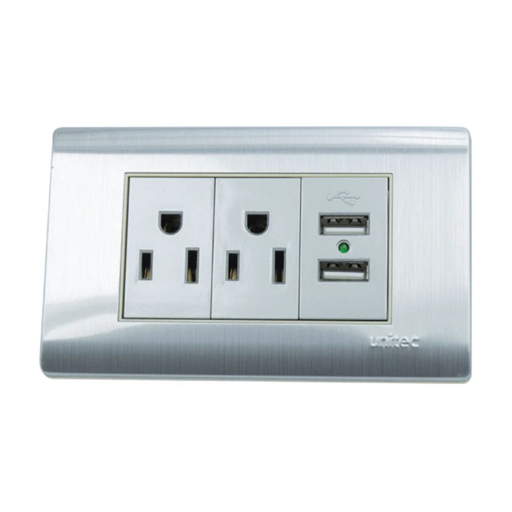 Tomacorriente Doble + 2 Usb Metalica Con Polo A Tierra - Image 5