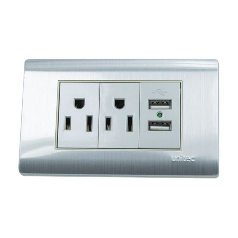 Tomacorriente Doble + 2 Usb Metalica Con Polo A Tierra - Image 5