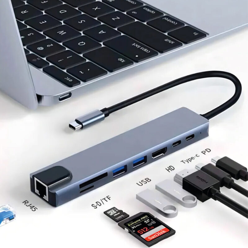 Adaptador Hub 8 En 1 Tipo C, Ethernet, Hdmi, Usb, Sd, Td - Image 3